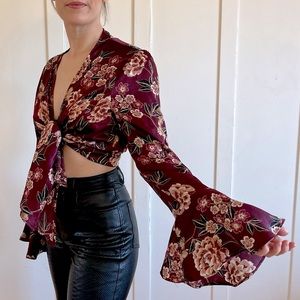 Silky Tie Front Crop Blouse with Bell Sleeves
